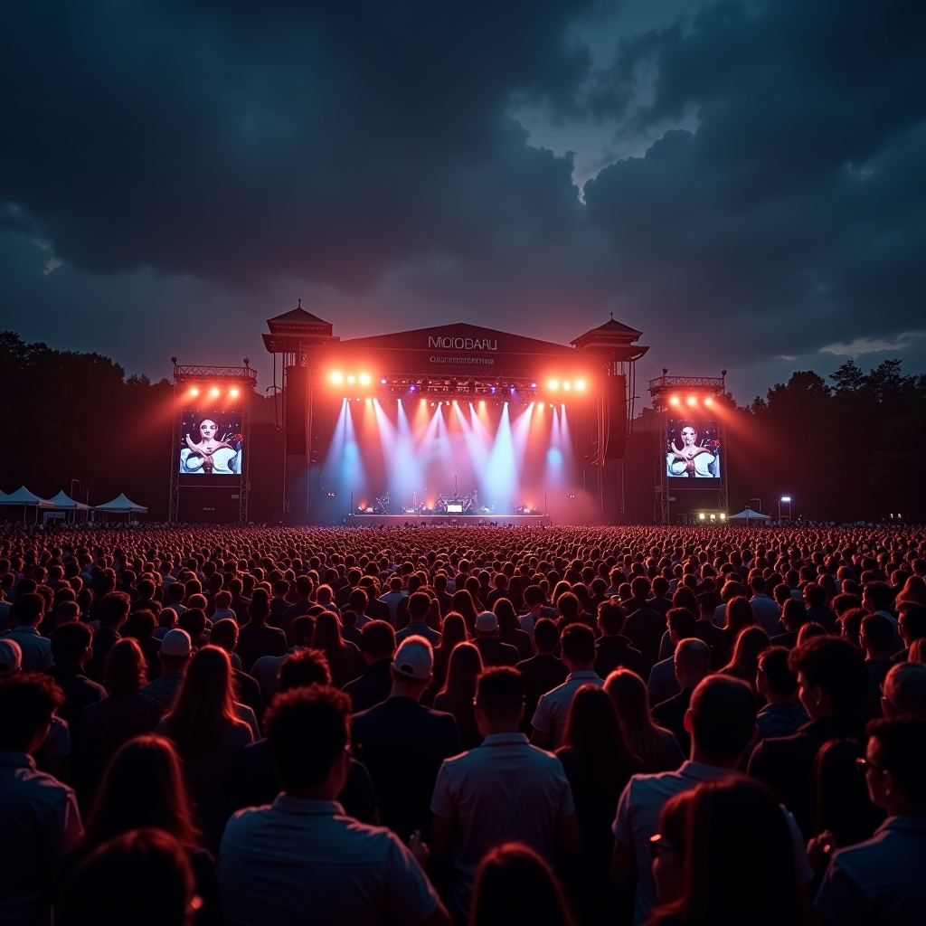 Large outdoor concert venue with stage lights illuminating a massive audience at night