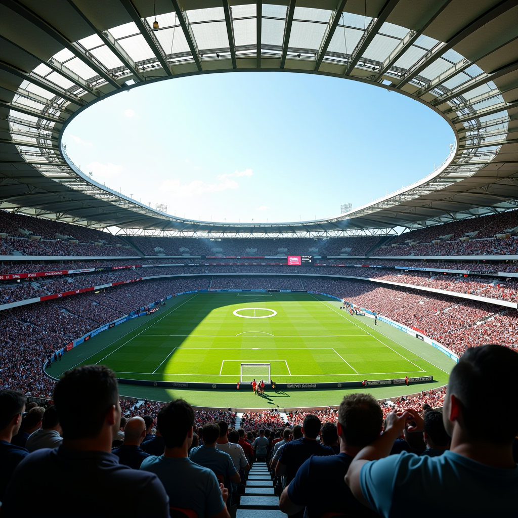 Packed rugby stadium with green pitch and fans cheering during an international match