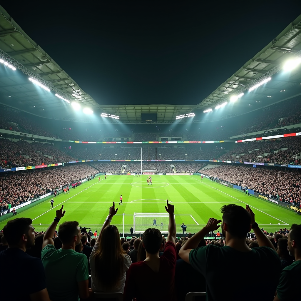Dynamic action shot of a packed Irish stadium crowd cheering during a rugby match with green pitch visible and bright floodlights illuminating the arena