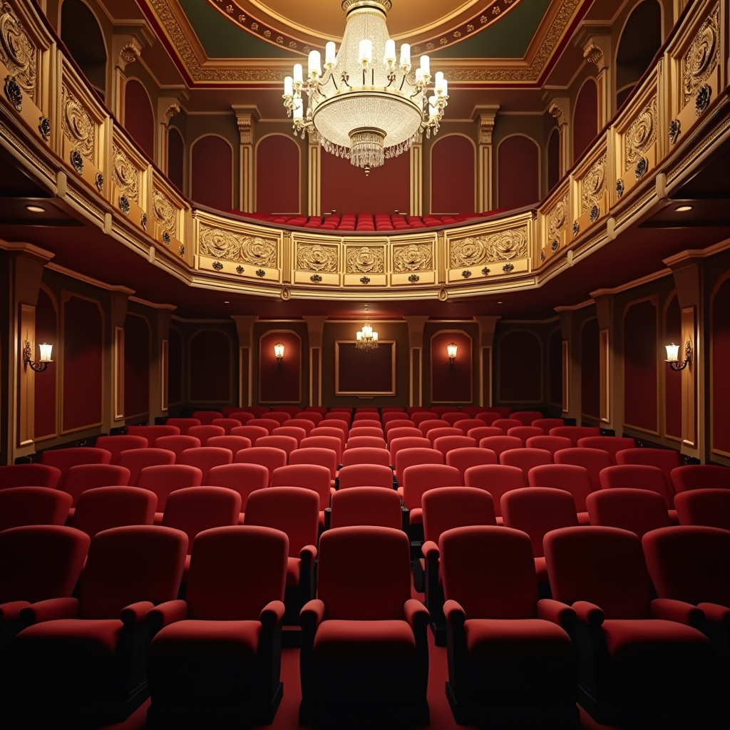 Elegant historic Dublin theatre interior with ornate gold balconies, red velvet seats, a grand chandelier, and a warmly lit stage preparing for a performance