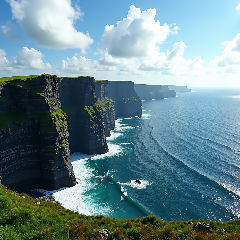 Breathtaking scenic view of the Cliffs of Moher in Ireland with dramatic ocean waves below, lush green cliffs, and a clear blue sky with scattered clouds